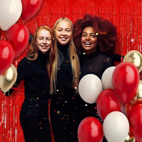 3 Pack Red Foil Fringe Party Backdrop Curtains