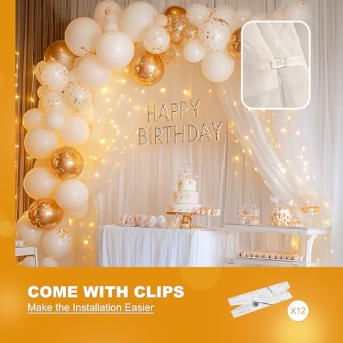 HOLITS Tulle Curtain Backdrop with 300 LED Fairy Lights 10ft x 10ft White