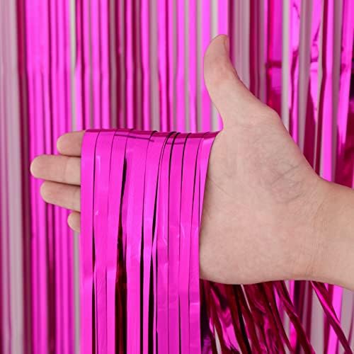 3 Pack Pink Foil Fringe Backdrop Curtains for Parties