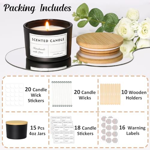 4oz Candle Jars 15 Pack with Bamboo Lids and Wick Kit