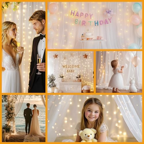 HOLITS Tulle Curtain Backdrop with 300 LED Fairy Lights 10ft x 10ft White
