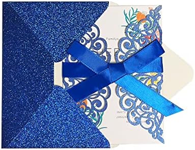 50Pcs Laser Cut Blue Wedding Invitations with Glitter Envelopes Ribbons