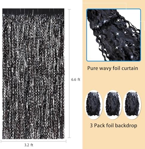 3 Pack Wavy Black Tinsel Curtains for Party Decor