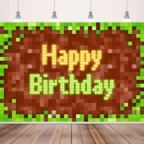 Pixel Birthday Backdrop Green Themed Game Party Decoration 5x3 Ft