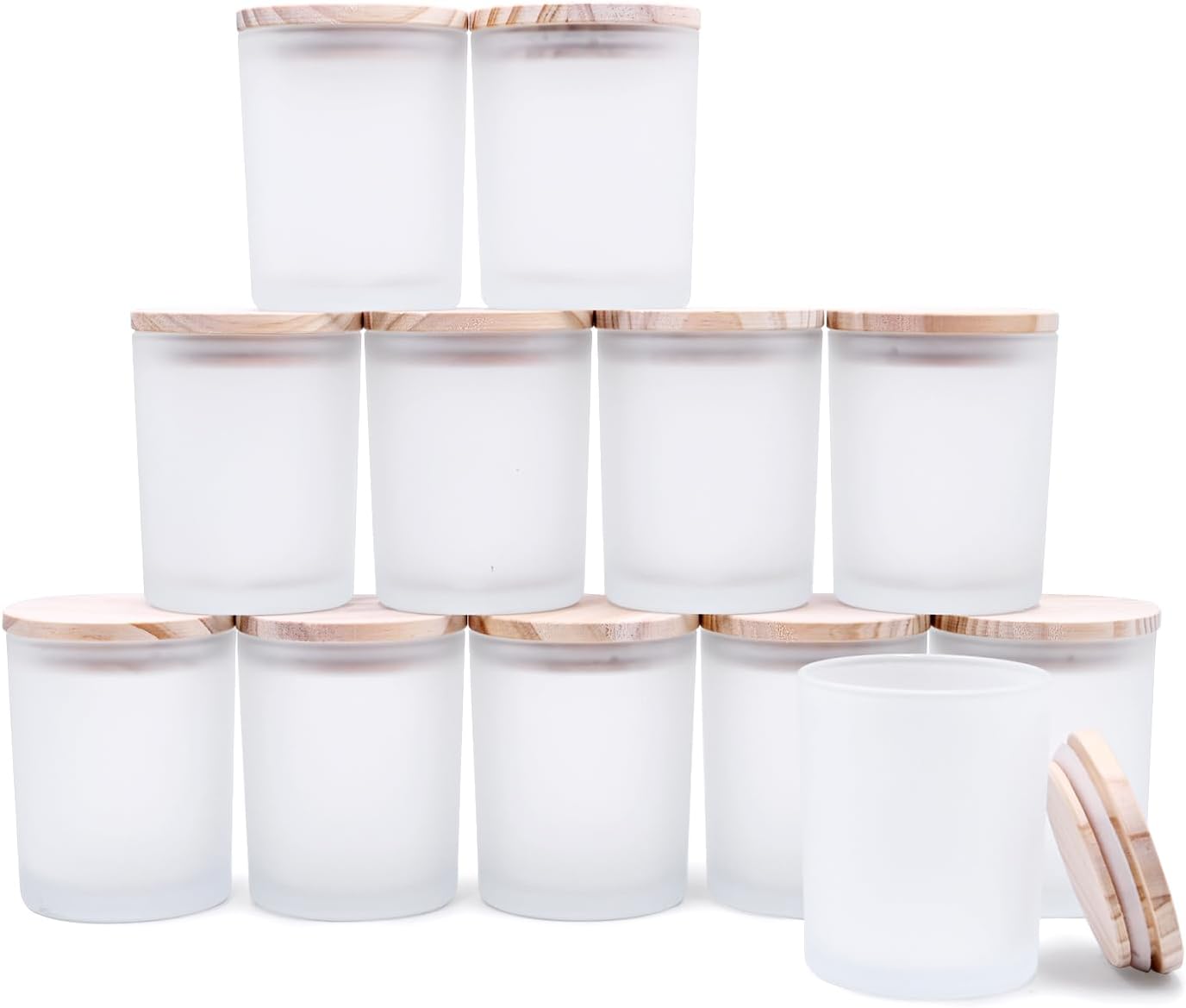Frosted White Thick Candle Jars with Wood Lids 12 Pcs