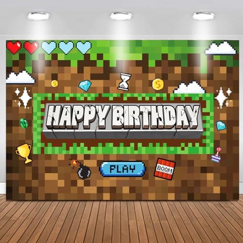 Pixel Miner Birthday Party Backdrop Banner 5x3ft