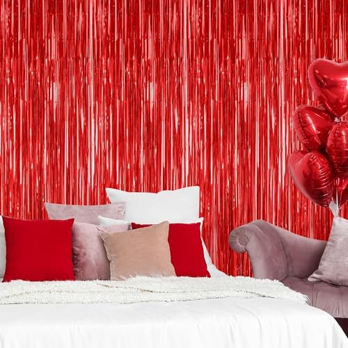 2 Pack Red Tinsel Backdrop Curtains for Wedding and Parties
