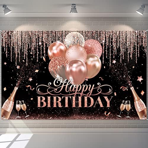 Tatuo Happy Birthday Backdrop Decorations Black Silver Rose Gold