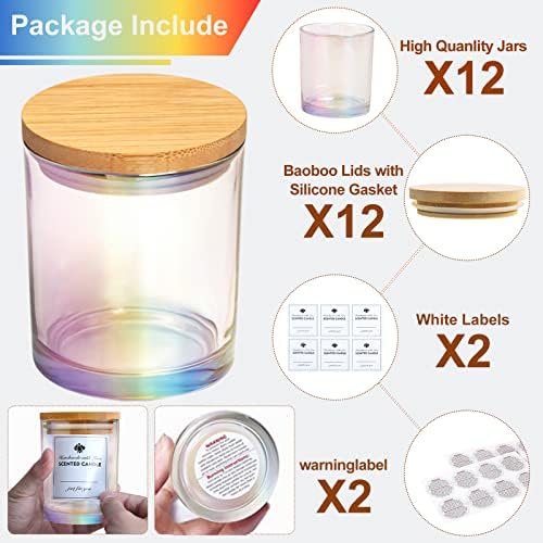 CONNOO 12 Pack 10 Oz Iridescent Glass Candle Jars with Airtight Bamboo Lids