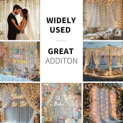 White Tulle Backdrop with LED String Lights - 10x10ft Wedding Party Background