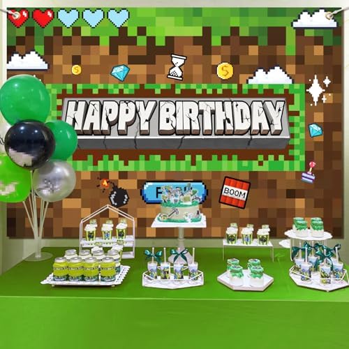Pixel Miner Birthday Party Backdrop Banner 5x3ft