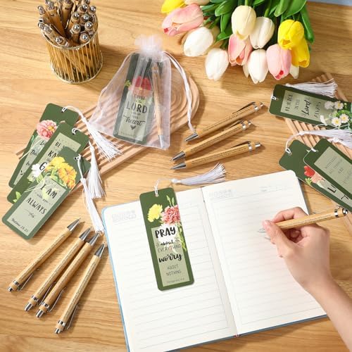Spakon 100 Set Mothers Day Bible Verse Bookmarks Bamboo Pens Gift Bags