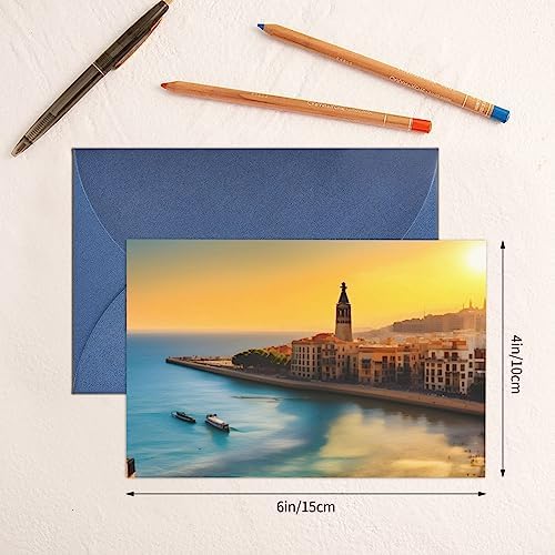 Blue Pearlescent Holiday Cards 4x6 with Sunset in Barcelona Print