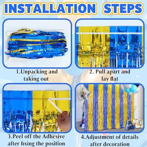 Navy Blue Gold Foil Fringe Curtains with Banner 4 Pack