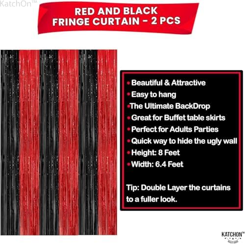 KatchOn Red and Black Fringe Curtain - 64x8 Ft Pack of 2