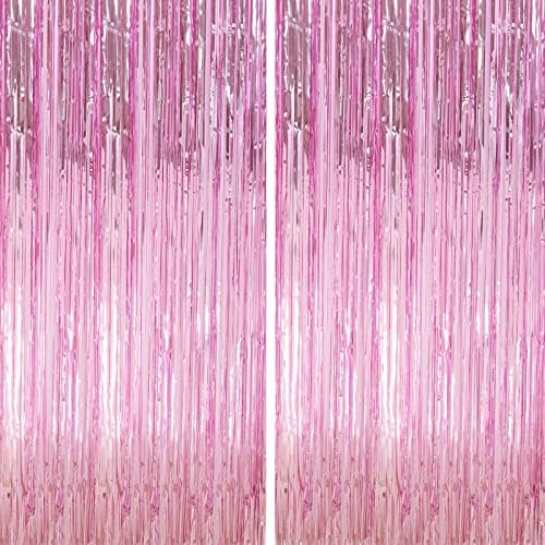 Crosize 2 Pack 33x99ft Pink Foil Fringe Backdrop Curtains