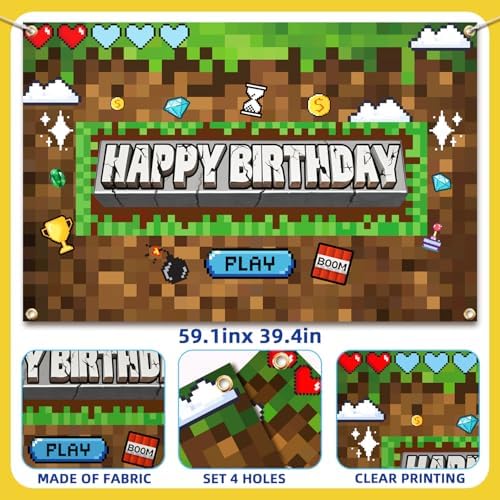 Pixel Miner Birthday Party Backdrop Banner 5x3ft