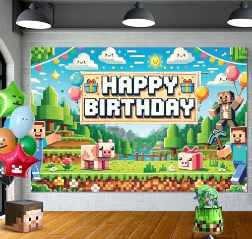 Pixel Gaming Birthday Banner for Boys 5x3ft Decorations