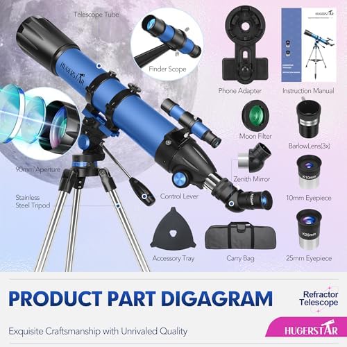 HUGERSTAR High-Powered 90mm Refractor Telescope with AZ Mount and Tripod