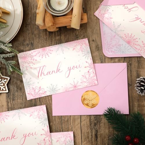 Whaline 24 Pack Pink Glitter Snowflake Thank You Cards with Envelopes