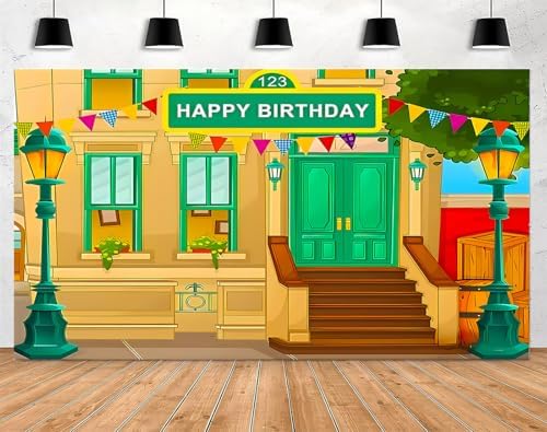 Happy Birthday Cartoon Street Photo Background Vinyl 5x3 Feet