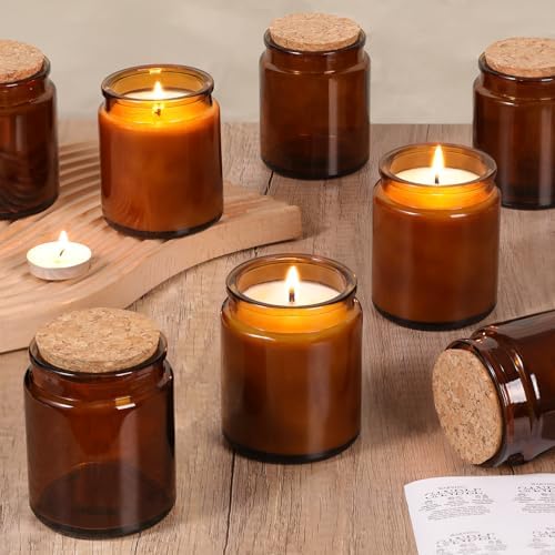 Lanttu 12Pcs Amber Candle Jars with Wooden Lids and Labels