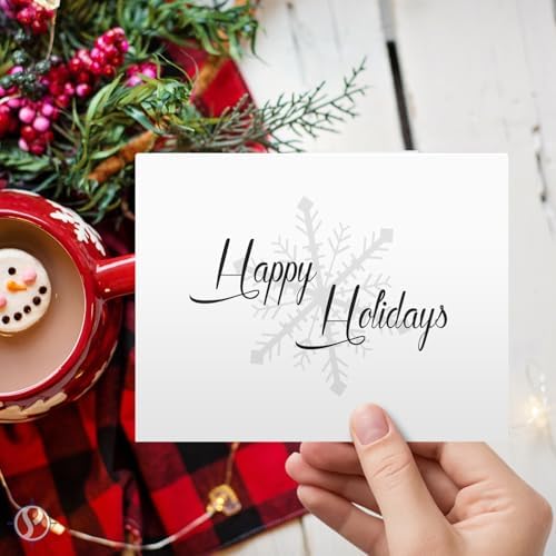Happy Holidays Elegant White Fold Over Cards with Envelopes 25 per Pack
