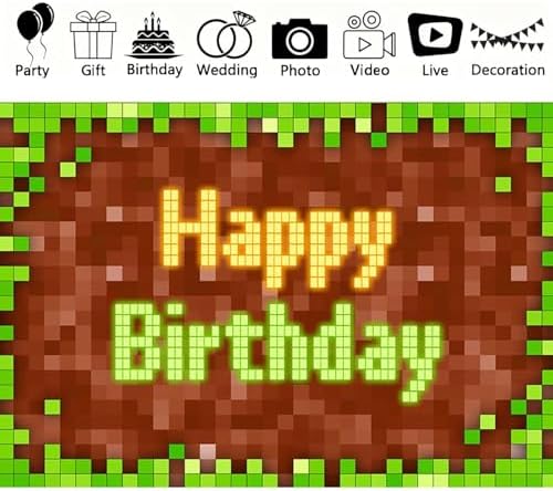 Pixel Birthday Backdrop Green Themed Game Party Decoration 5x3 Ft