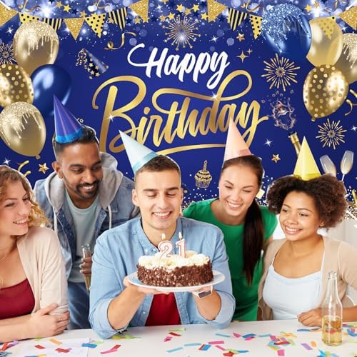 Mocsicka Happy Birthday Backdrop Blue Gold 6x36ft