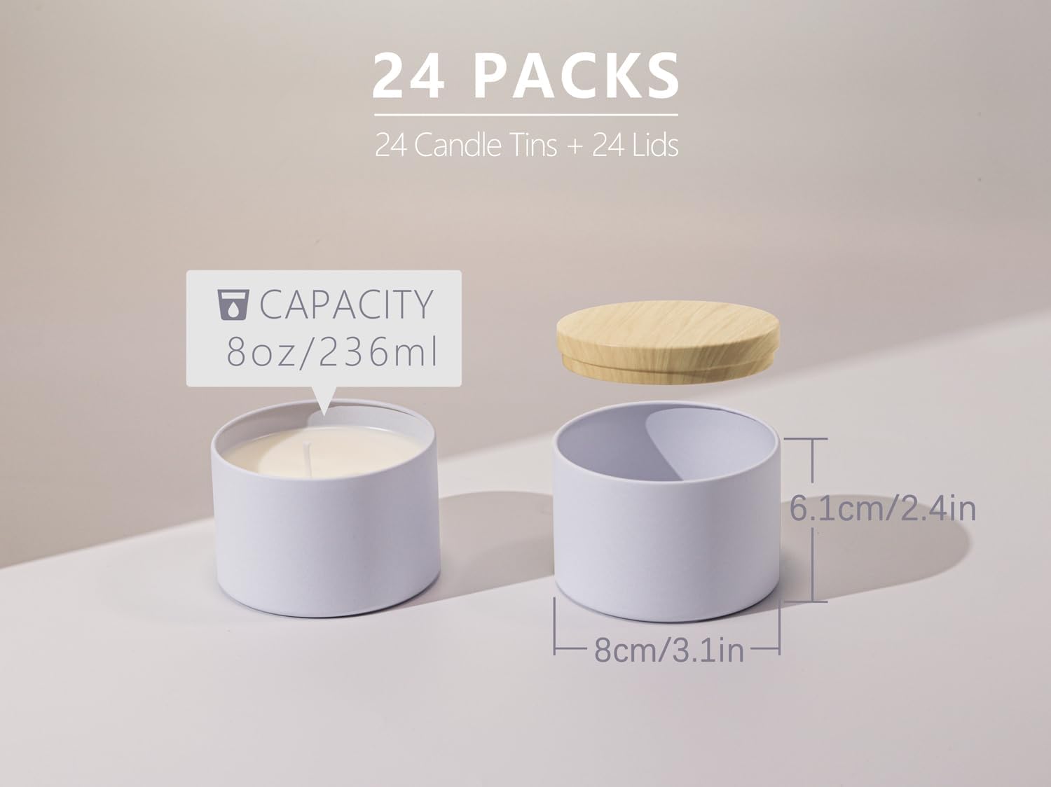 Aroparc 8oz Candle Tins 24 Pack with Wood Grain Lids