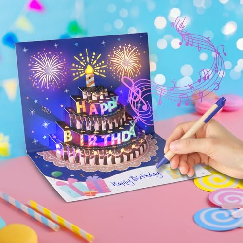 BEAN LIEVE 3D Musical Birthday Card with LED Lights and Blowable Candle