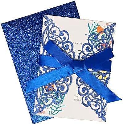 50Pcs Laser Cut Blue Wedding Invitations with Glitter Envelopes Ribbons