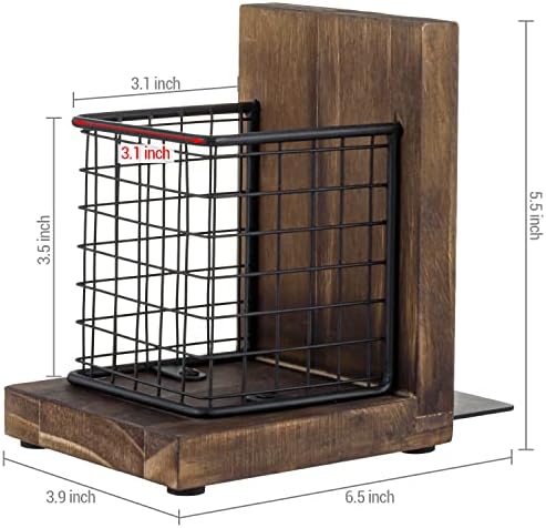 MyGift Rustic Burnt Wood Bookends with Metal Storage Baskets 1-Pair