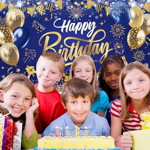 Mocsicka Happy Birthday Backdrop Blue Gold 6x36ft