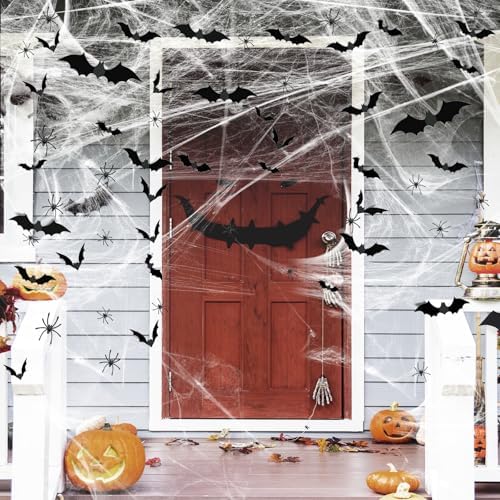 Famoby 1200 sqft Halloween Spider Webs and 120pcs Fake Bats