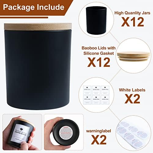CONNOO 12 Pack Matte Black Candle Jars with Bamboo Lids and Warning Labels