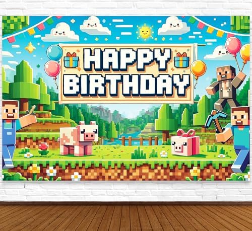 Pixel Gaming Birthday Banner for Boys 5x3ft Decorations