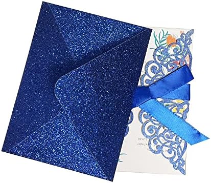50Pcs Laser Cut Blue Wedding Invitations with Glitter Envelopes Ribbons