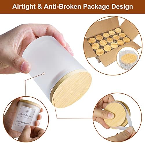 CONNOO 15 Pack Frosted Glass Candle Jars with Bamboo Lids