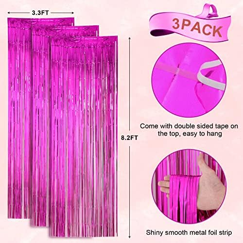 3 Pack Pink Foil Fringe Backdrop Curtains for Parties