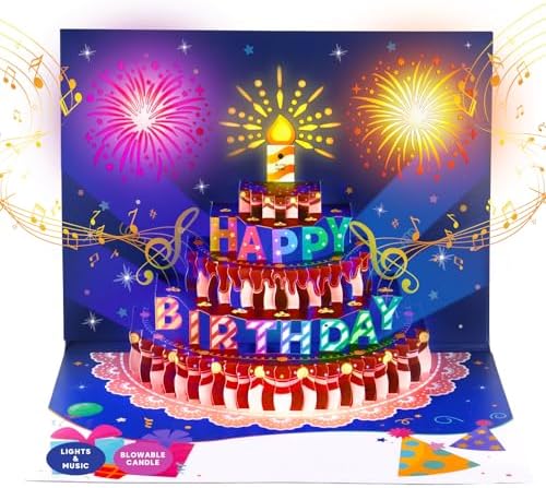 BEAN LIEVE 3D Musical Birthday Card with LED Lights and Blowable Candle