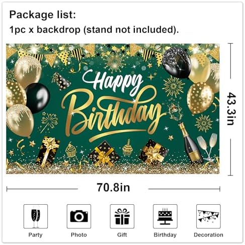 Happy Birthday Backdrop Green Gold Party Decoration Photo Booth Prop