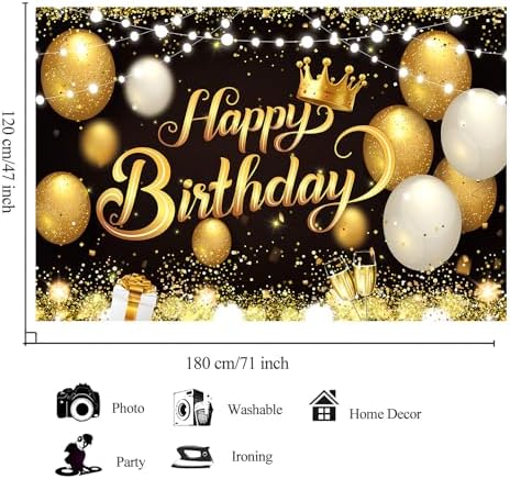 YinQin Black Gold Happy Birthday Party Backdrop Banner