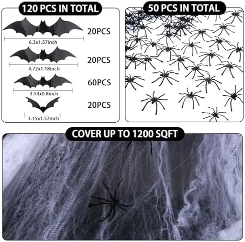Famoby 1200 sqft Halloween Spider Webs and 120pcs Fake Bats