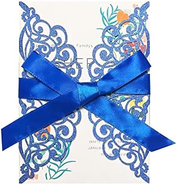 50Pcs Laser Cut Blue Wedding Invitations with Glitter Envelopes Ribbons