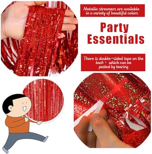 3 Pack Red Foil Fringe Party Backdrop Curtains