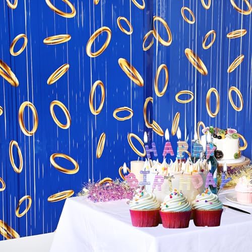 3 Pcs Blue with Gold Ring Print Party Backdrop Curtains
