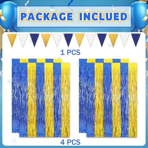 Navy Blue Gold Foil Fringe Curtains with Banner 4 Pack