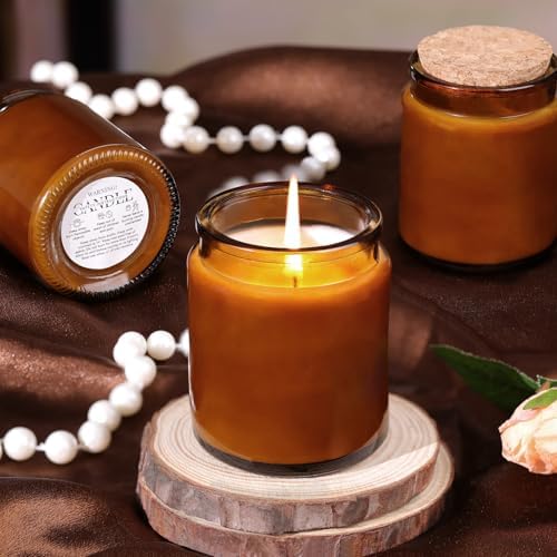 Lanttu 12Pcs Amber Candle Jars with Wooden Lids and Labels