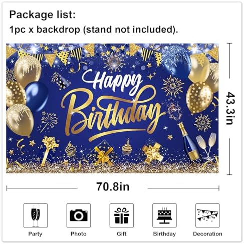 Mocsicka Happy Birthday Backdrop Blue Gold 6x36ft